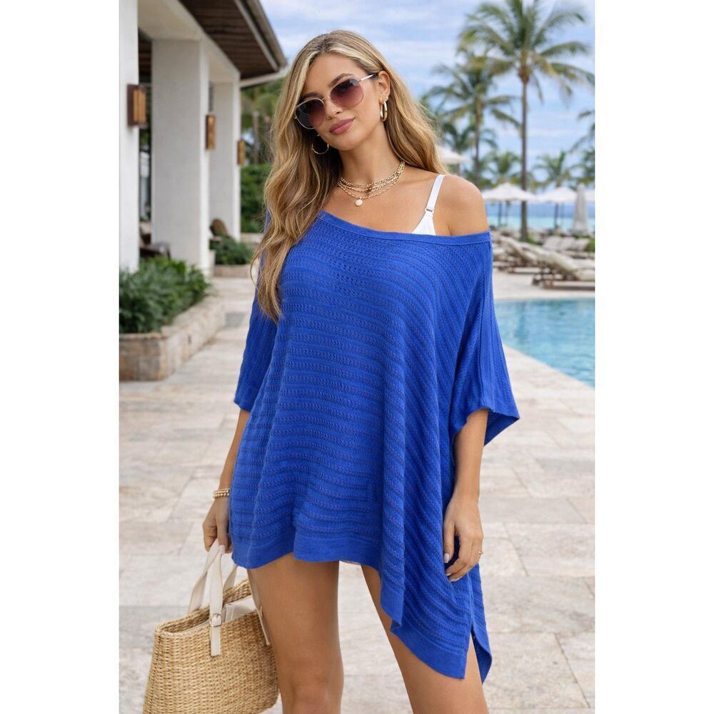 Talbots Asymmetrical Poncho Knit Top Womens M/L Blue NWT Swim Coverup Coastal
